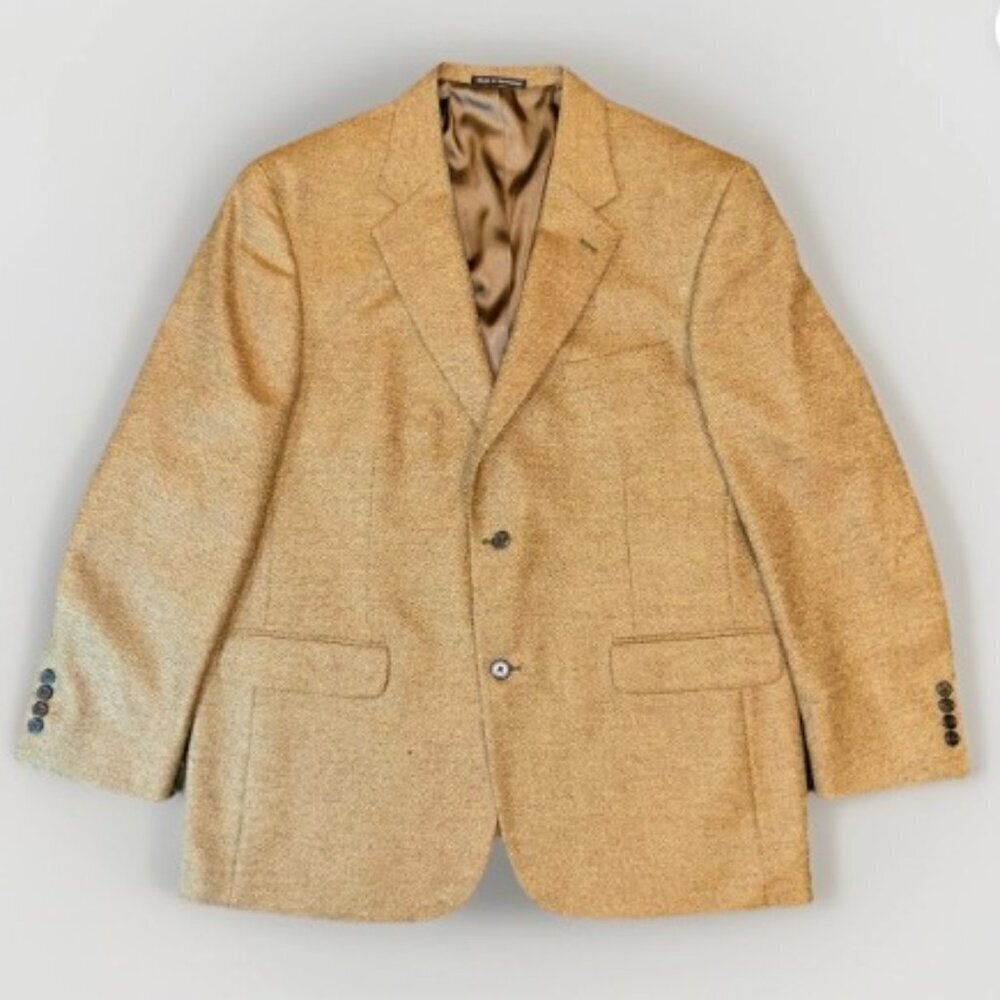 Lands End Blazer 44R Men's Herringbone Tweed Lambswool Lined Pockets Tan Beige